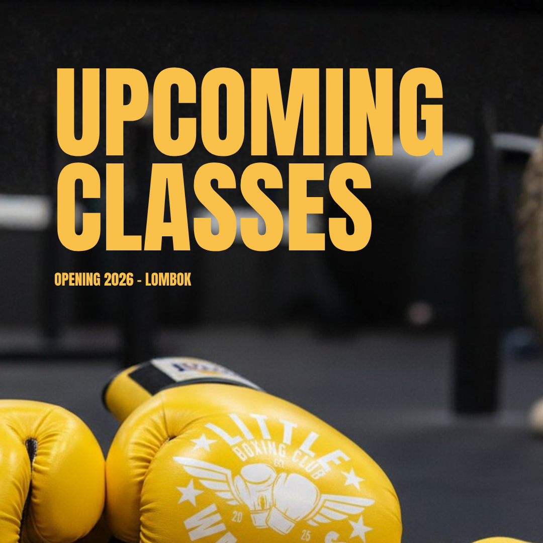 Close-up of a Little Warriors activewear while training in a gym. The sports bra and shorts feature the Little Warriors Boxing Club logo in gold. Bold yellow text on the image reads “Gym With Purpose – Opening 2026, Lombok.”