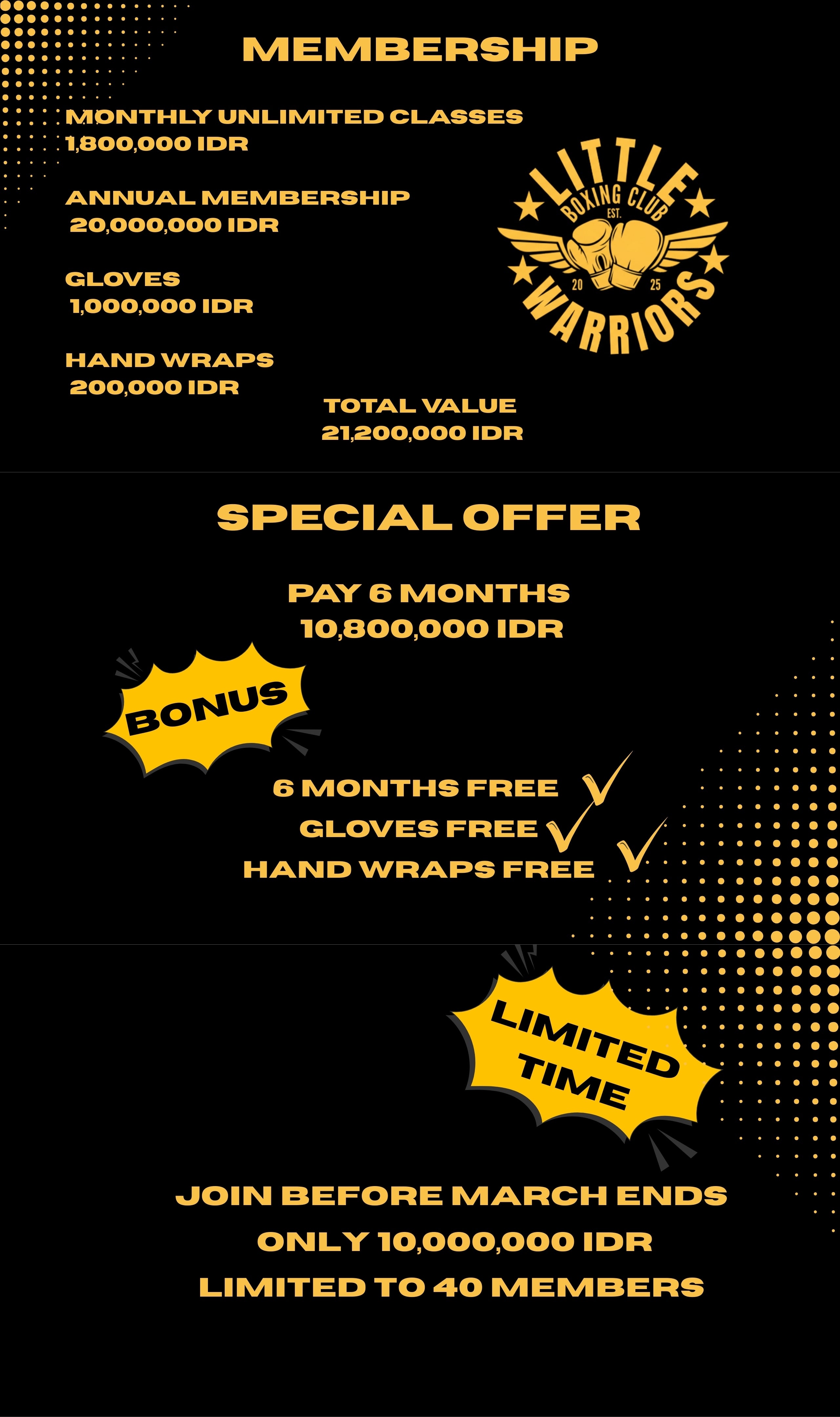 Little Warriors is a boxing and fitness gym in Lombok offering unlimited classes, boxing training, and strength conditioning. Explore our competitive gym membership prices designed for beginners, travellers, and experienced athletes.